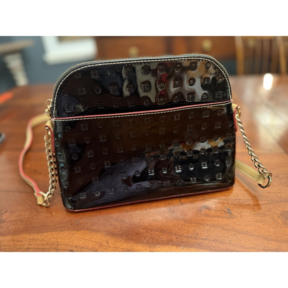 Arcadia Italy Black Patent Leather Crossbody Bag Monogram Embossed Red Trim